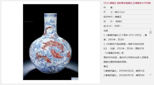 雍正御窑青花釉里红云海腾龙大天球瓶拍出1.472亿元——人民政协网