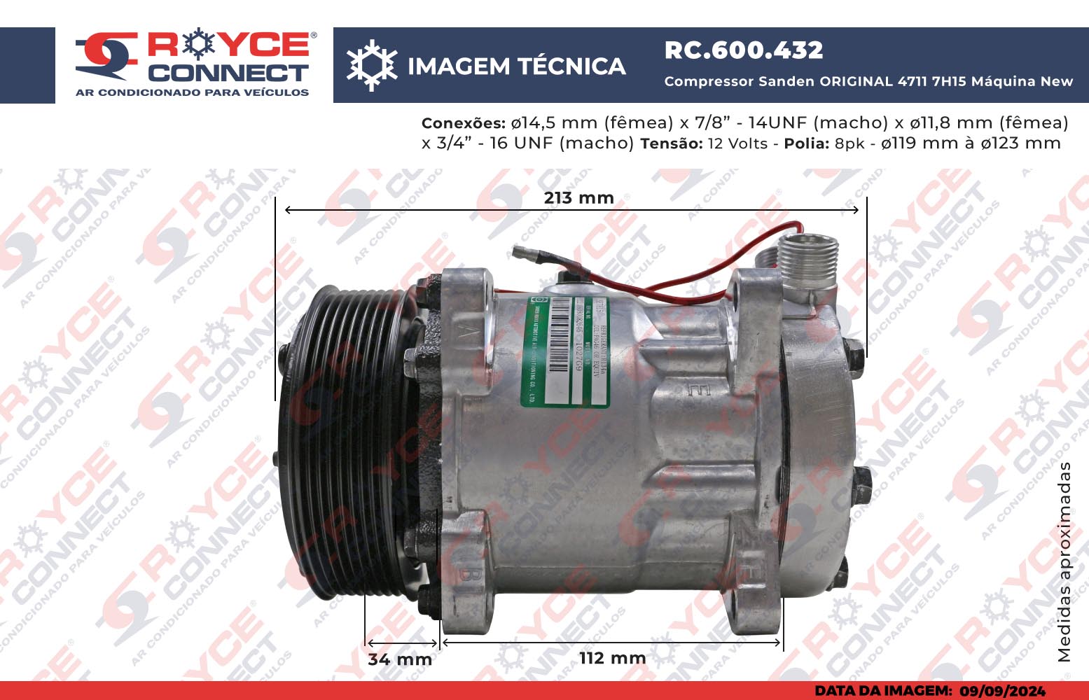 Compressor Sanden ORIGINAL 4711 7H15 Máquina New Holland 8 Orelhas