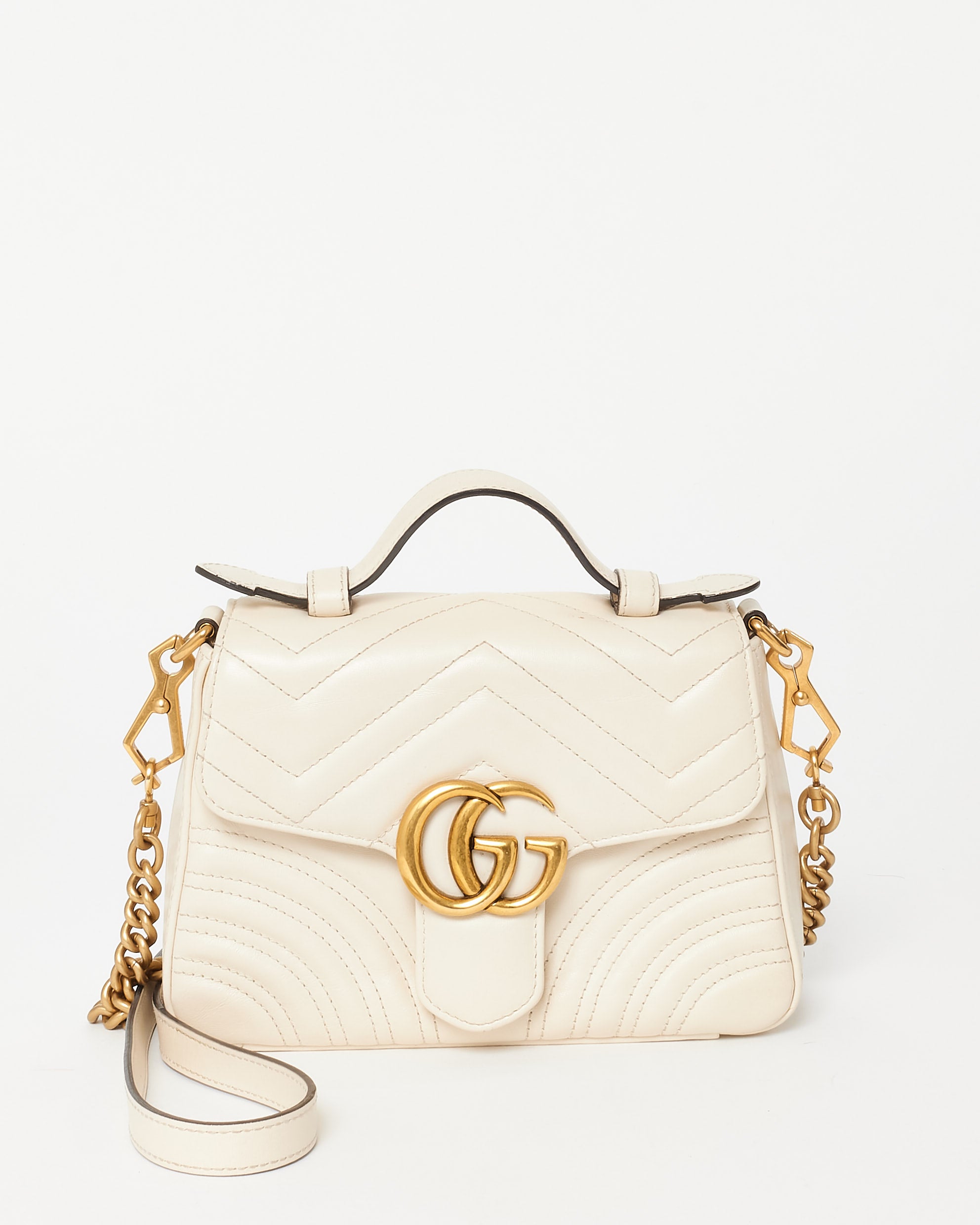 Buy Gucci White Chevron Leather GG Marmont Top Handle Bag