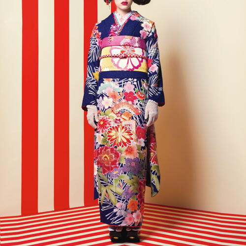 成人式/参列/振袖】鮮やかに花咲く華やかスタイル☆紺地松葉に大輪花 J