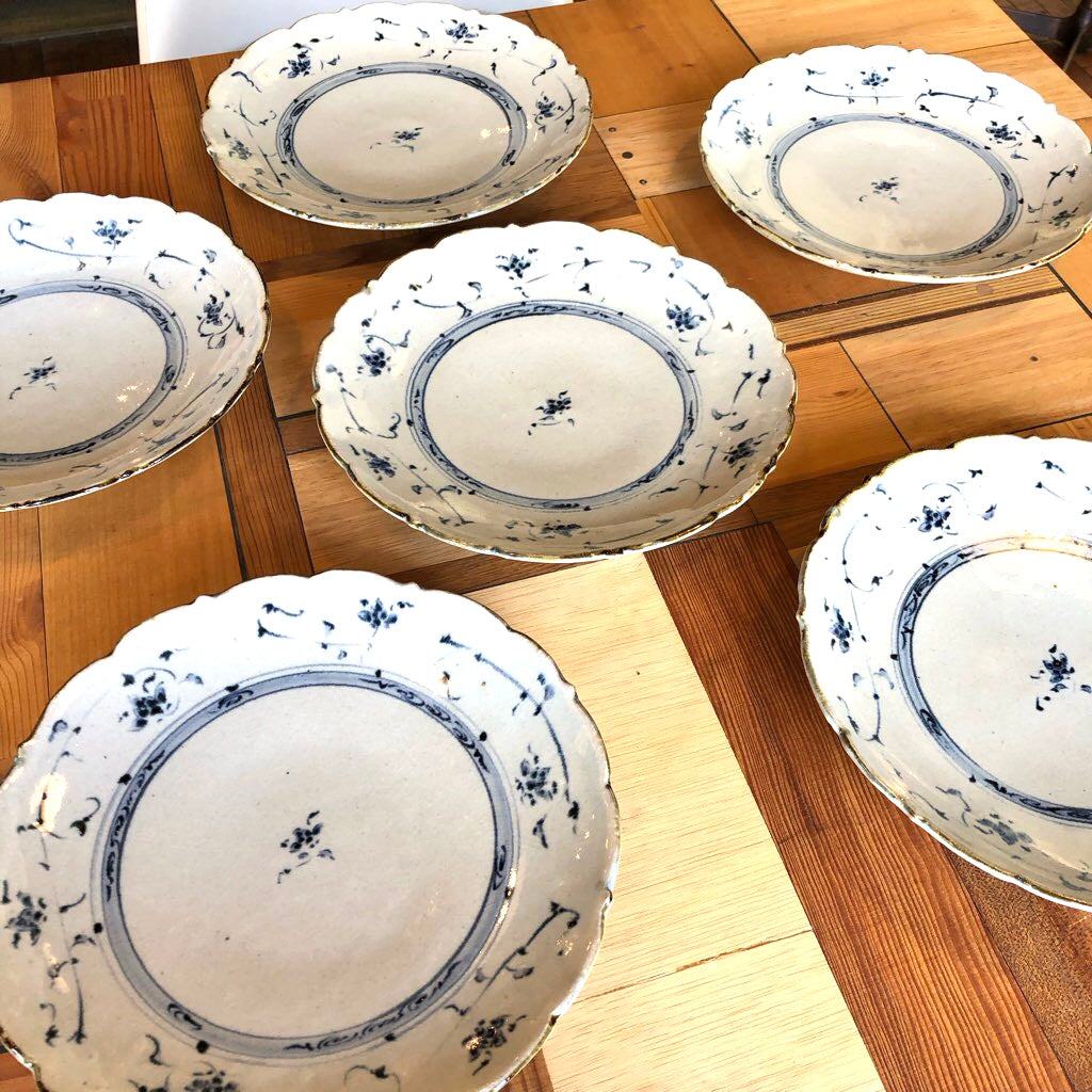 染付輪花大皿 6枚セット 藤田佳三 未使用 丸皿 中古 食器 プレート