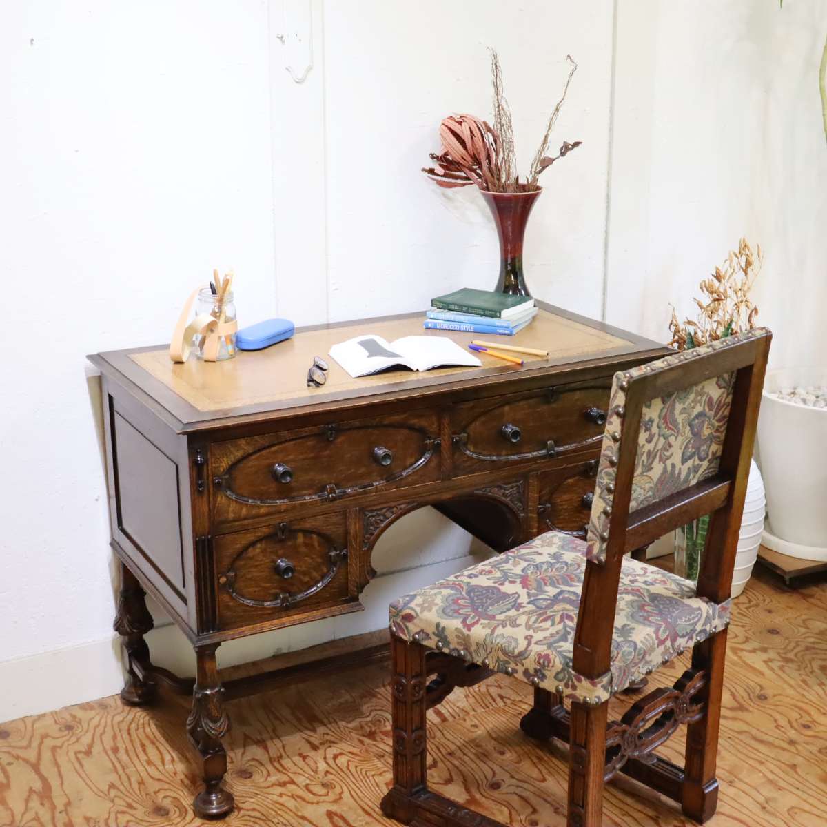 英国アンティーク デスク 書斎机 オーク 本革 アンティーク