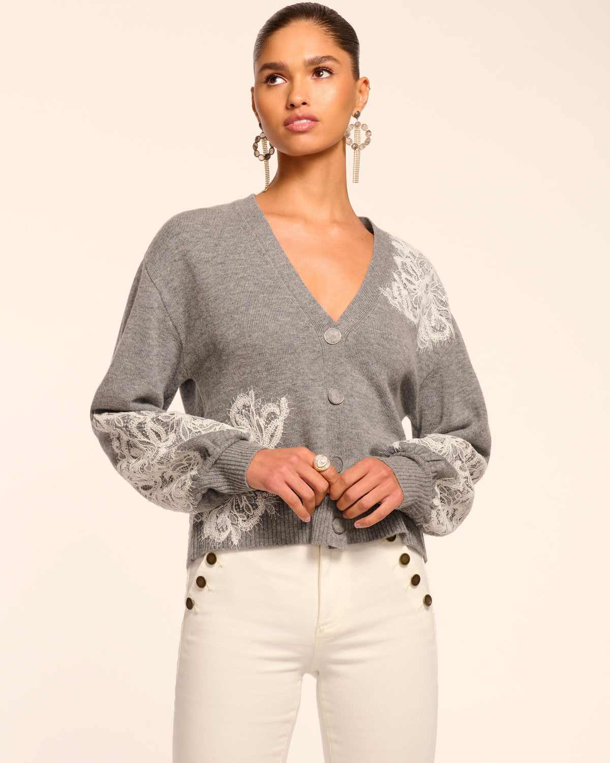 Perry Wool Embellished Cardigan Sweater in heather grey | Ramy Brook