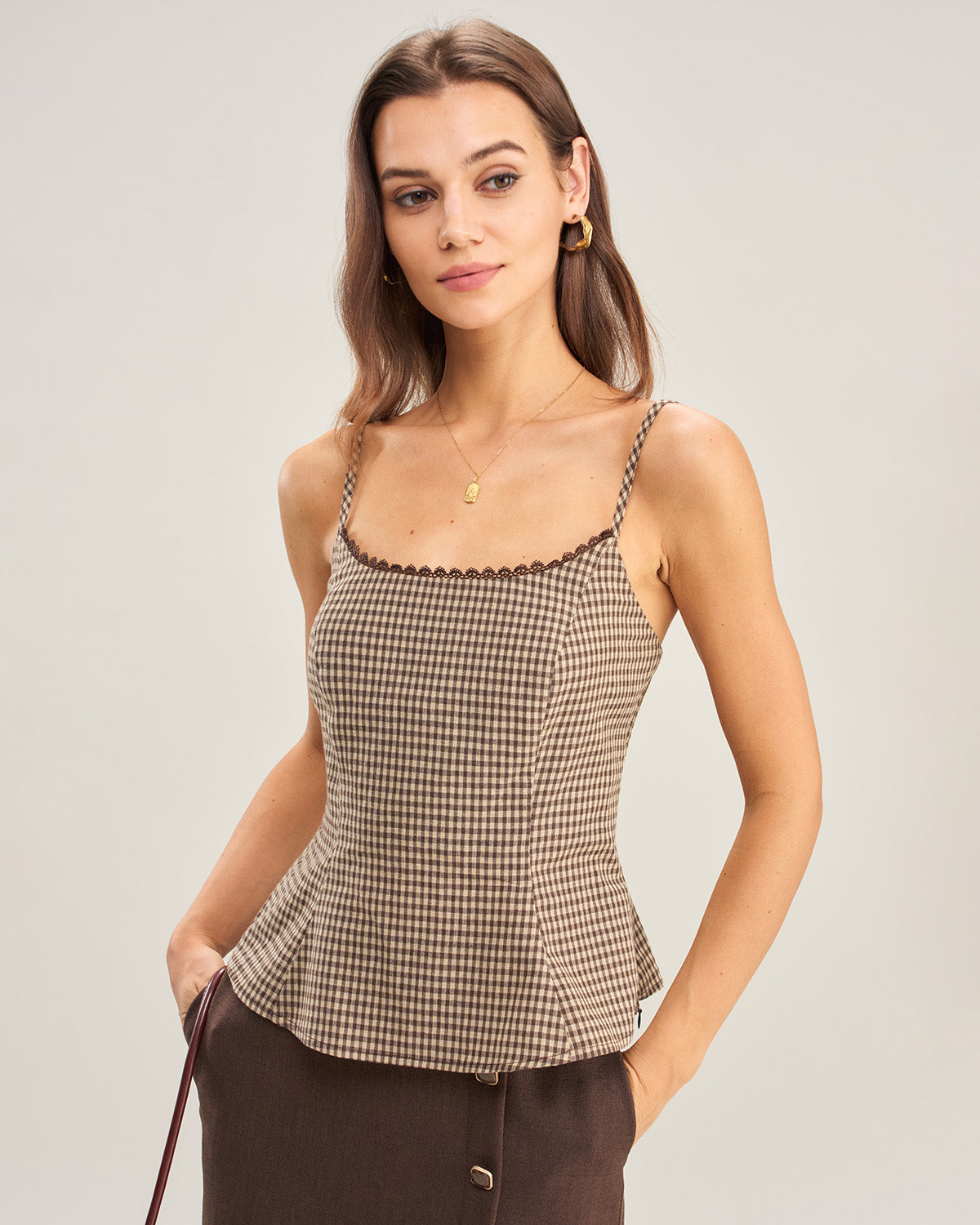 Brown Plaid Shirred Cami Top & Reviews - Brown - Tops | RIHOAS