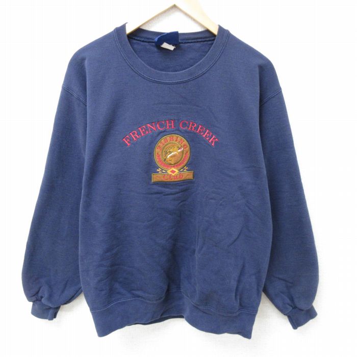 古着通販 M☆古着 長袖 スウェット メンズ 90年代 90s 魚 刺繍 クルー