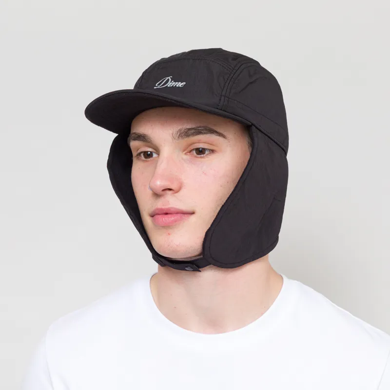 Dime MTL Mens Cursive Logo Winter Earflap Cap Hat Black