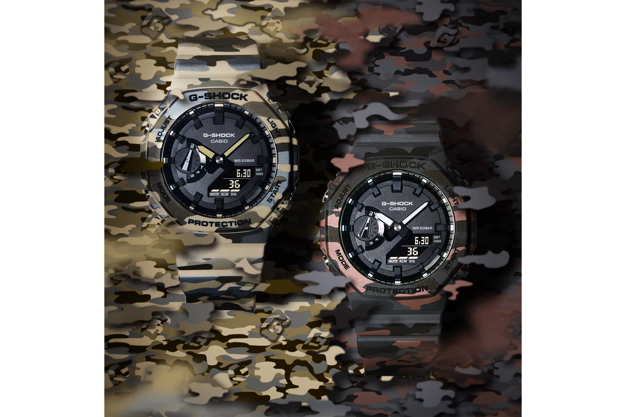 G-SHOCK、全面カモフラージュの3機種 “G”を潜ませたオリジナル柄