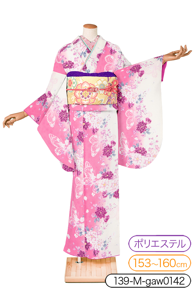 小振袖レンタル 小振袖Mサイズ 花園に蝶々 ピンク/白｜着物レンタル