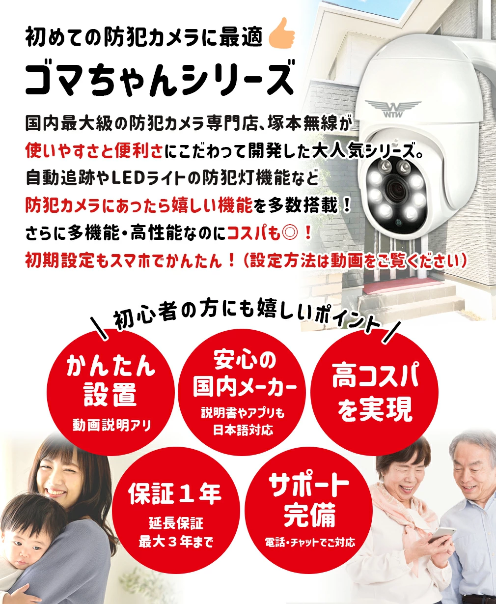 Wi-Fi 防犯灯カメラ ゴマちゃん2 アンテナ内蔵 夜間カラー PTZ WTW