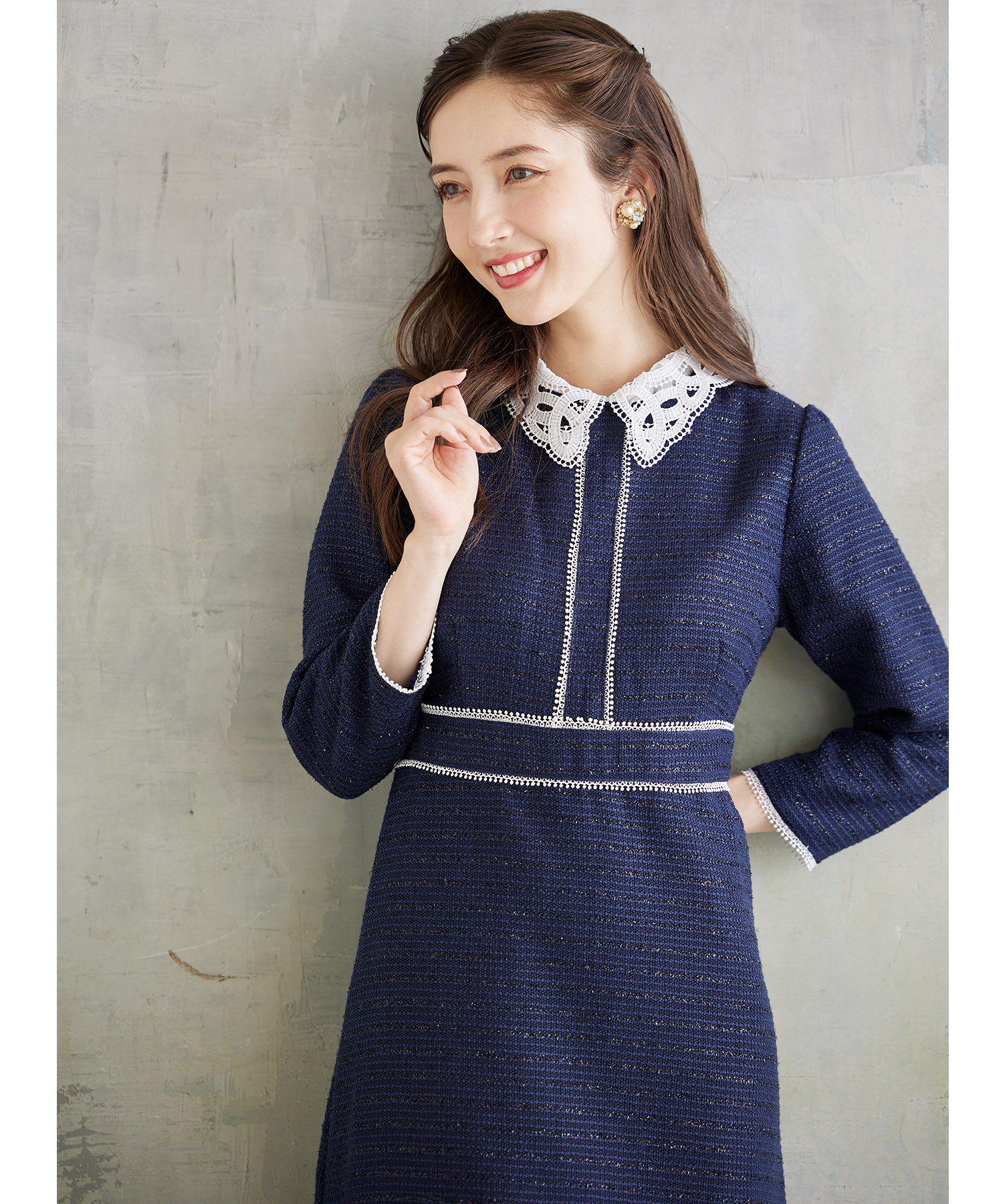 2WAYレース襟付きラインレース×ツイードワンピース