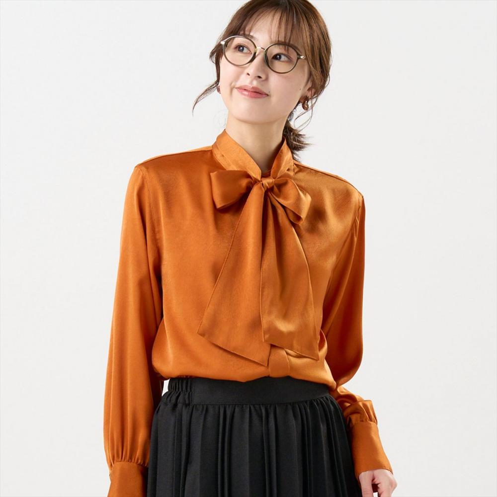 クラッシュスエード ボウタイブラウス 長袖 レディース(M オレンジ