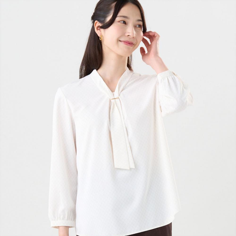 シルキーサテン パーツ付ボウタイ ブラウス 長袖 レディース(M