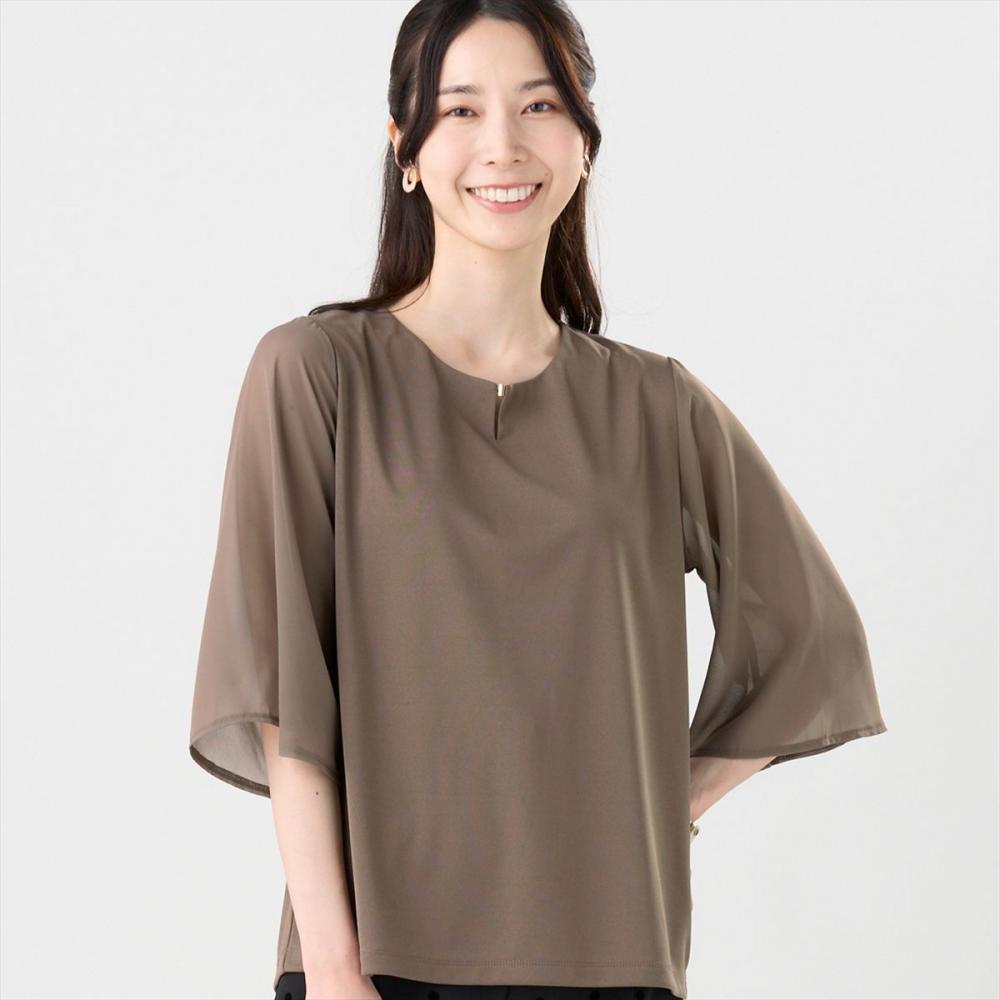 フレア袖 シアーブラウス 七分袖 レディース(M ブラウン): 東京シャツ