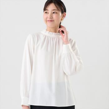 デニム風 衿フリル ブラウス 長袖 レディース(M ホワイト): 東京シャツ