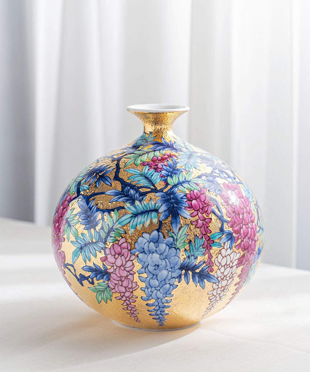 江口天童、花柄陶器花瓶 江口天童、花柄陶器花瓶