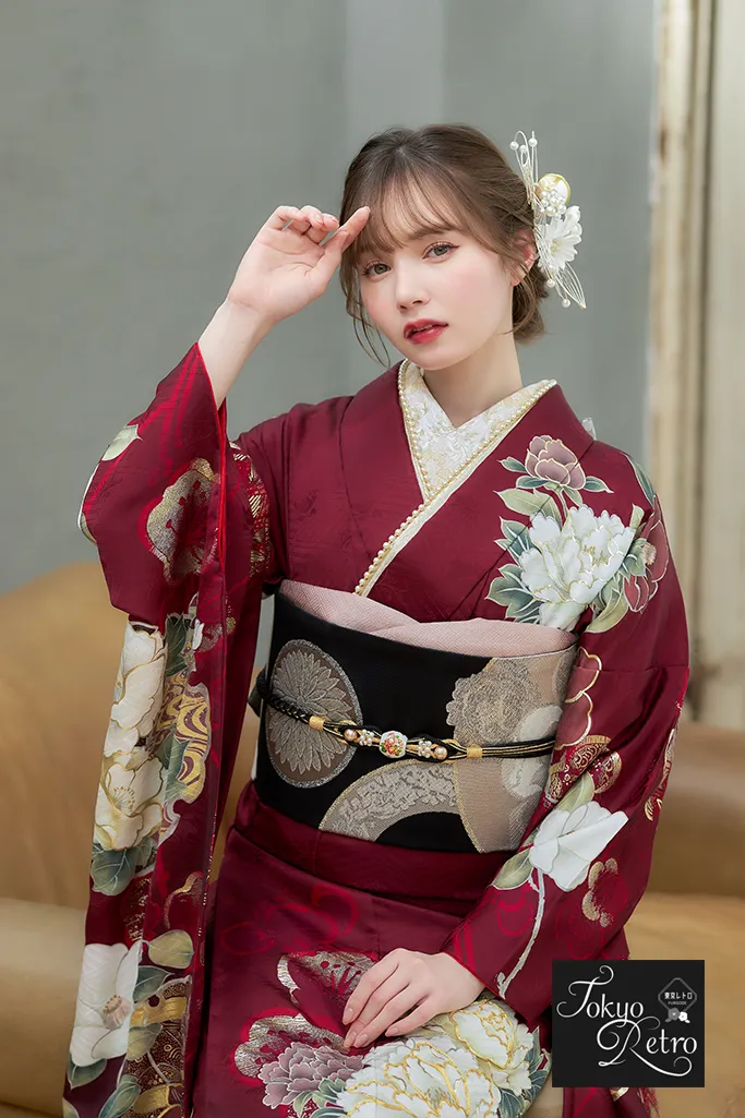東京レトロ ワインレッド/エンジ 牡丹柄/椿柄 シック 大人っぽい 古典