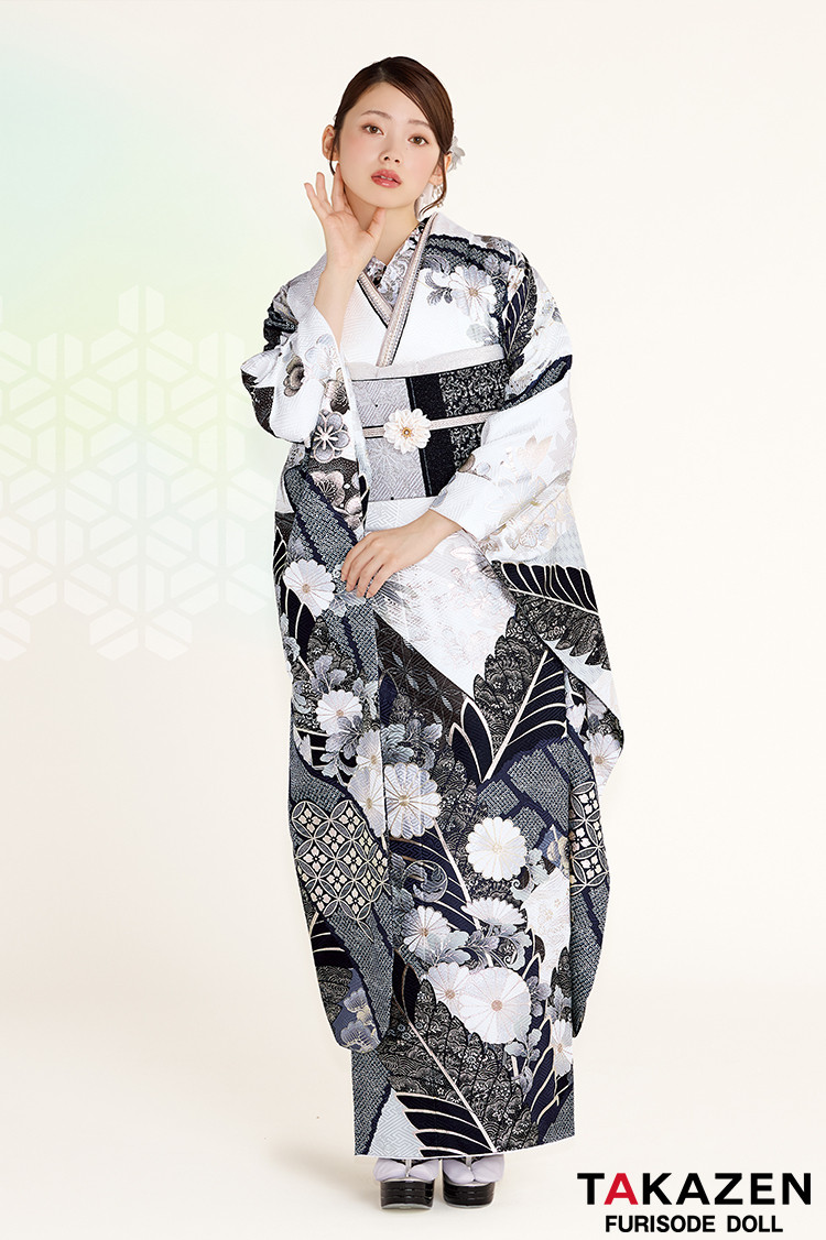 正統派古典 白/グレー 菊柄 スタイリッシュ シック かっこいい 大人っ