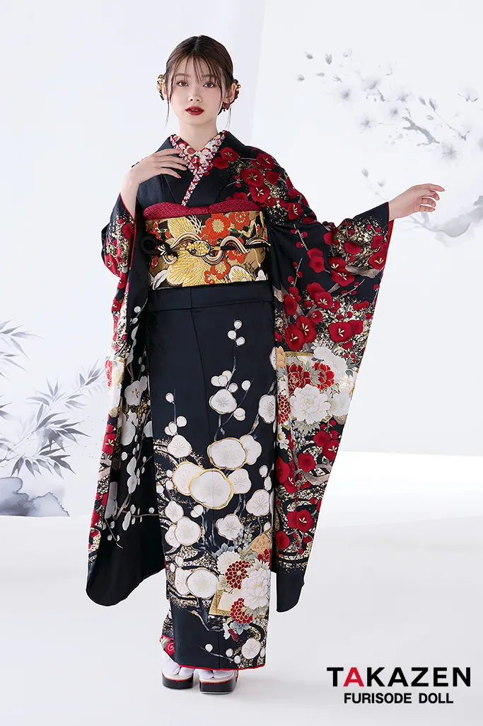 粋古典 黒地/赤 ツバキ柄 大人っぽい着こなし かっこいい振袖 シック