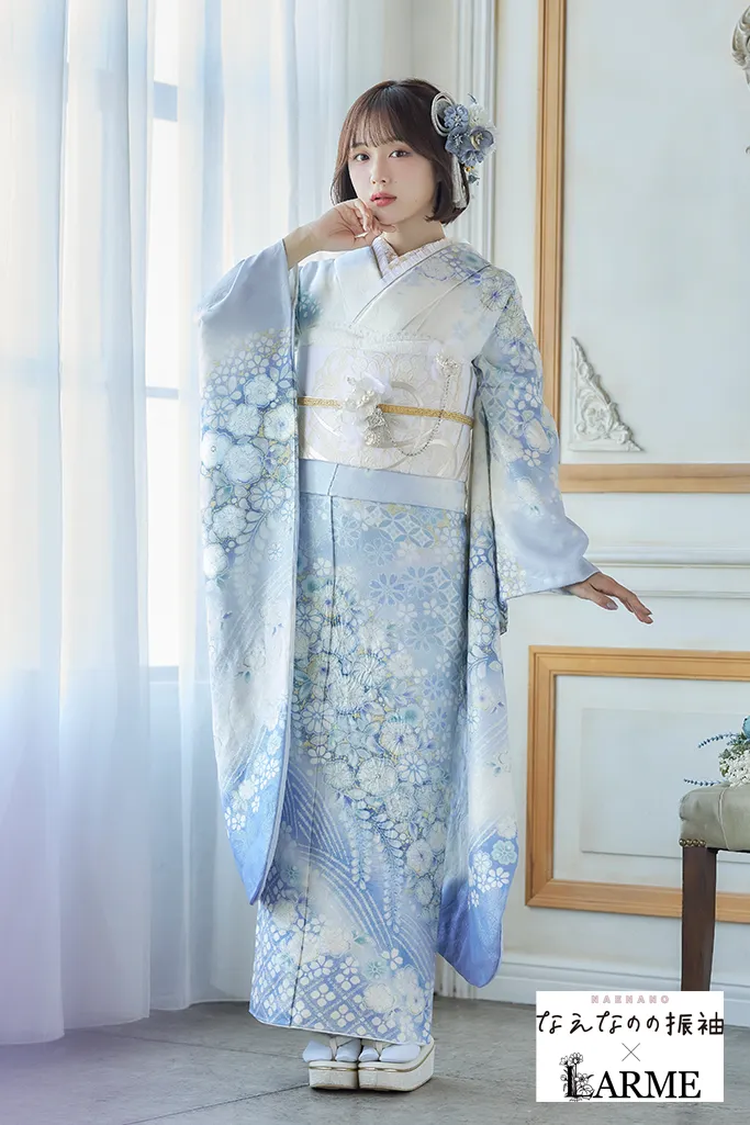 なえなのの振袖×LARME 水色 辻が花/藤 正統派古典 かわいい きれいめ
