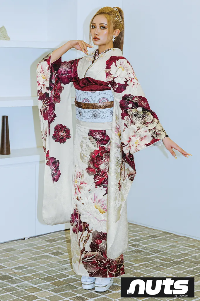 クール系 白/グレー ボタン柄/藤の花 キラキララメ付き ゆうちゃみ