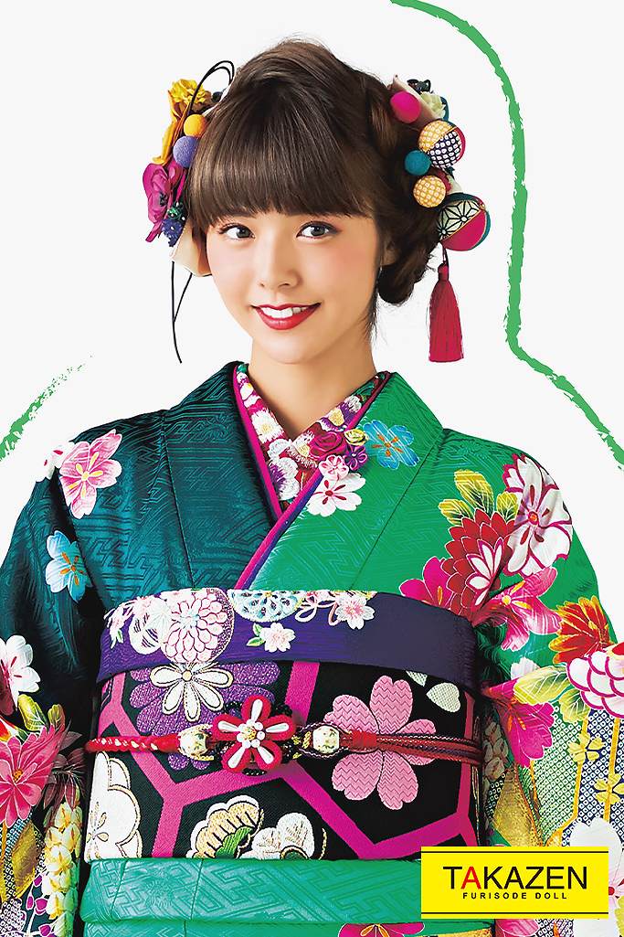 レトロ古典 緑/深緑/グリーン 菊柄 個性的 おしゃれ ポップ振袖 片身