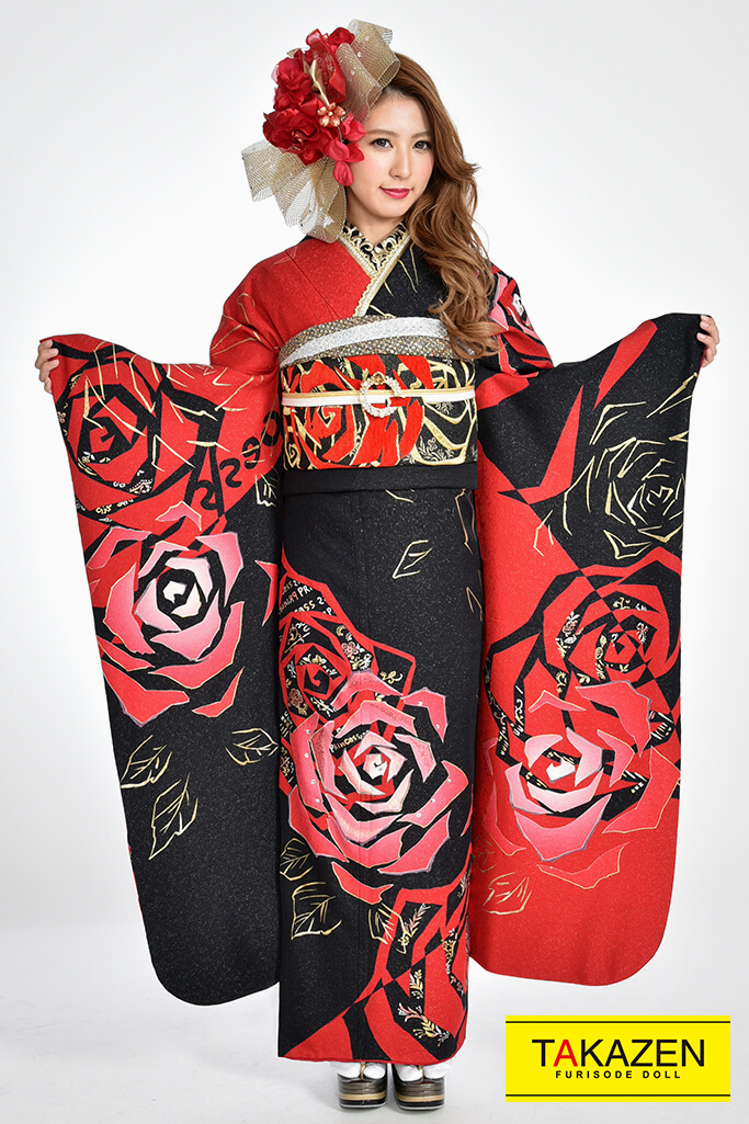 激安モード 赤/黒 バラ柄 クール系 かっこいい振袖 派手目立つ お得で