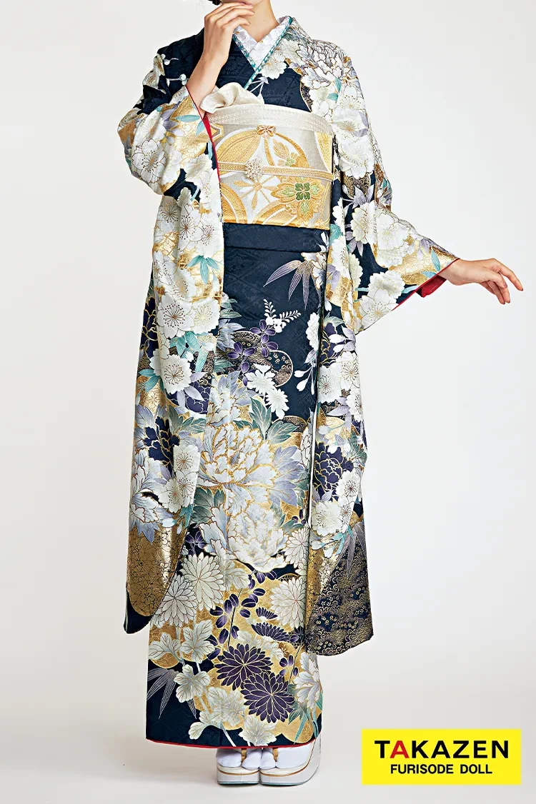 正統派古典 紺色(ネイビー)/金 牡丹柄 豪華 きれいめ 華やか 清楚 大人