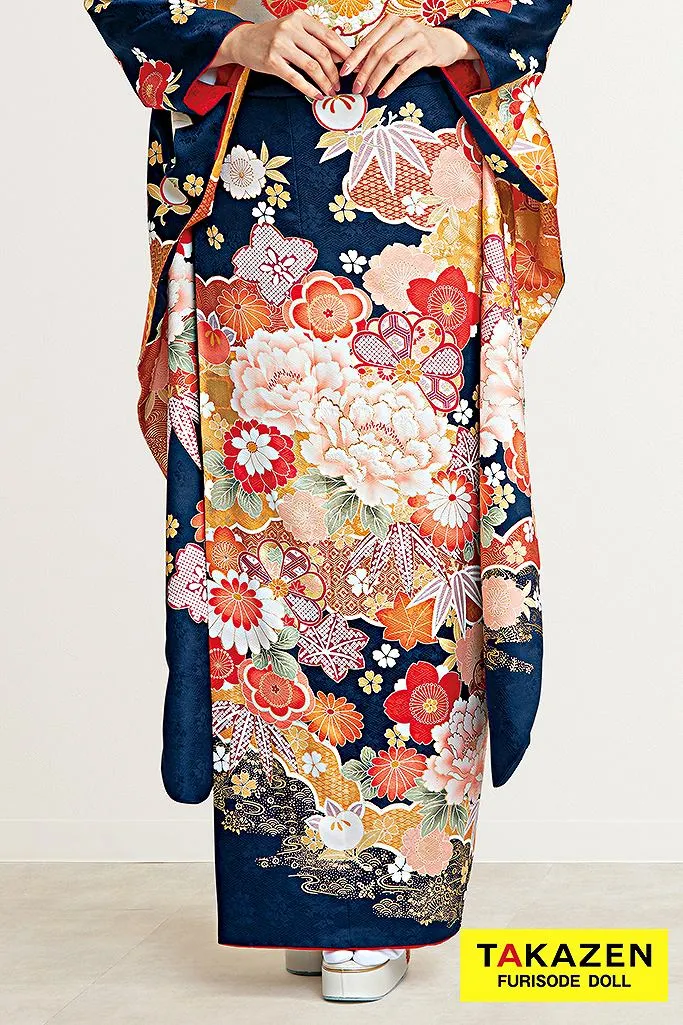 正統派古典 紺/金色/ネイビー 牡丹柄 はんなり 上品 王道 大和撫子