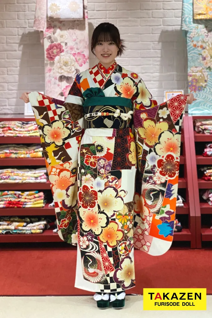 安い！レトロ古典 白/赤 桜柄/市松模様 華やか カラフル プチプラ振袖