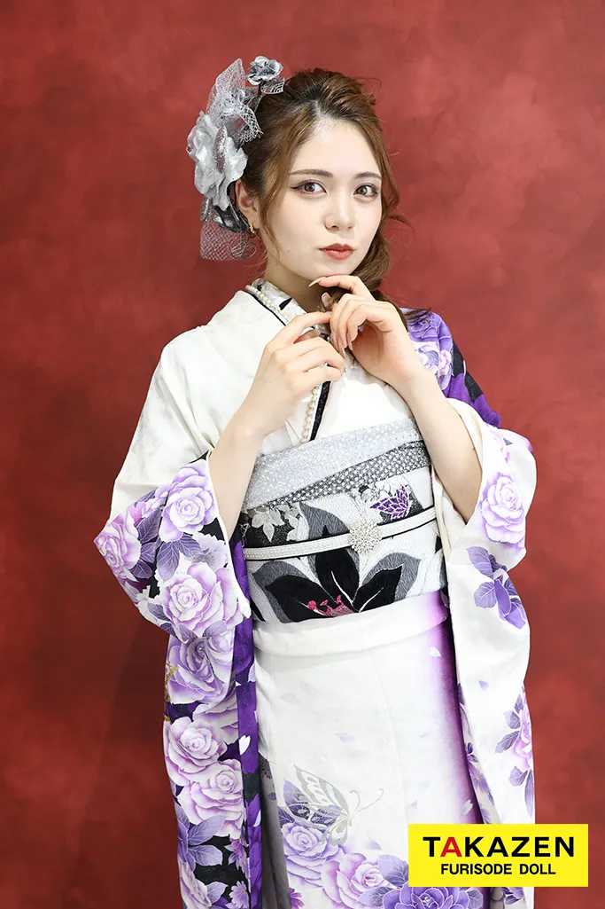 激安モード 白/紫 薔薇柄 シンプル かっこいい ギャル振袖 クール系