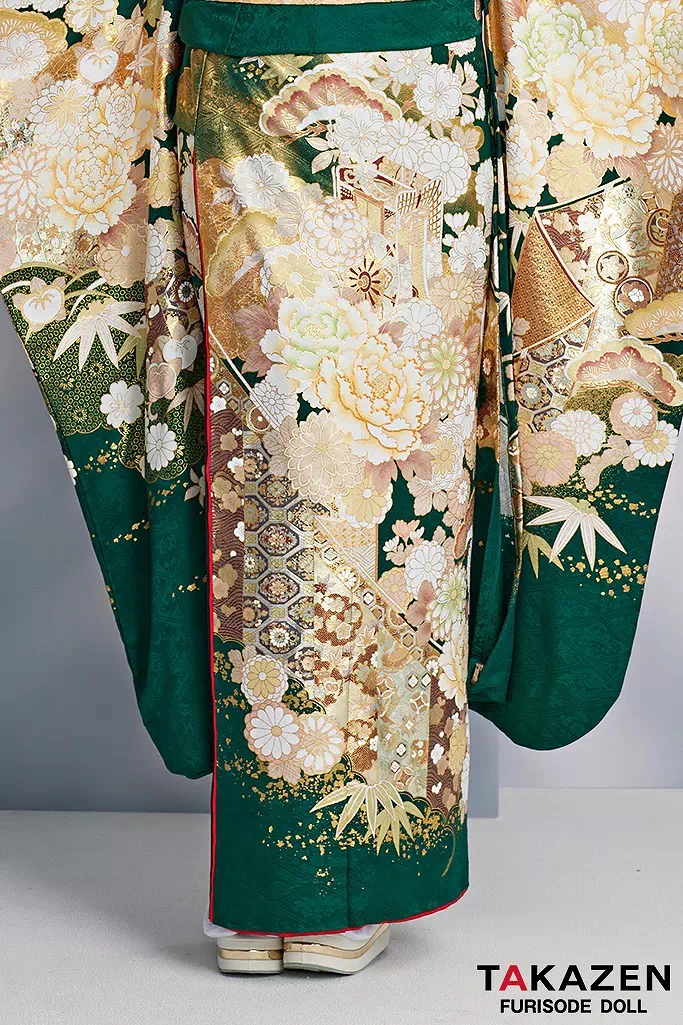最高級古典柄振袖 関芳/最高級金彩刺繍友禅 緑/金 御所車柄/牡丹柄