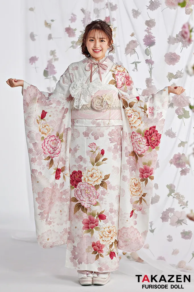 くすみカラーガーリー 白/ピンク/淡色 牡丹柄 あざとかわいい 人気