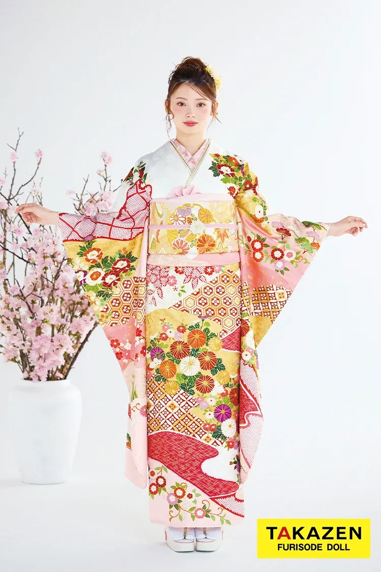 最高級古典柄振袖 吉澤織物/最高級染繍桶絞り友禅 サーモンピンク/白