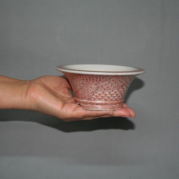 九谷焼盆栽鉢の販売通販専門店：九谷焼(瑛生)赤絵小紋4号丸鉢/株式会社