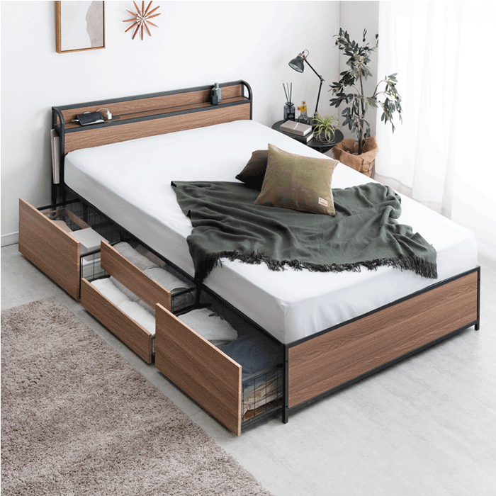 SuperKois ベッドフレーム ダブル ブラック コンセント 棚付き 収納