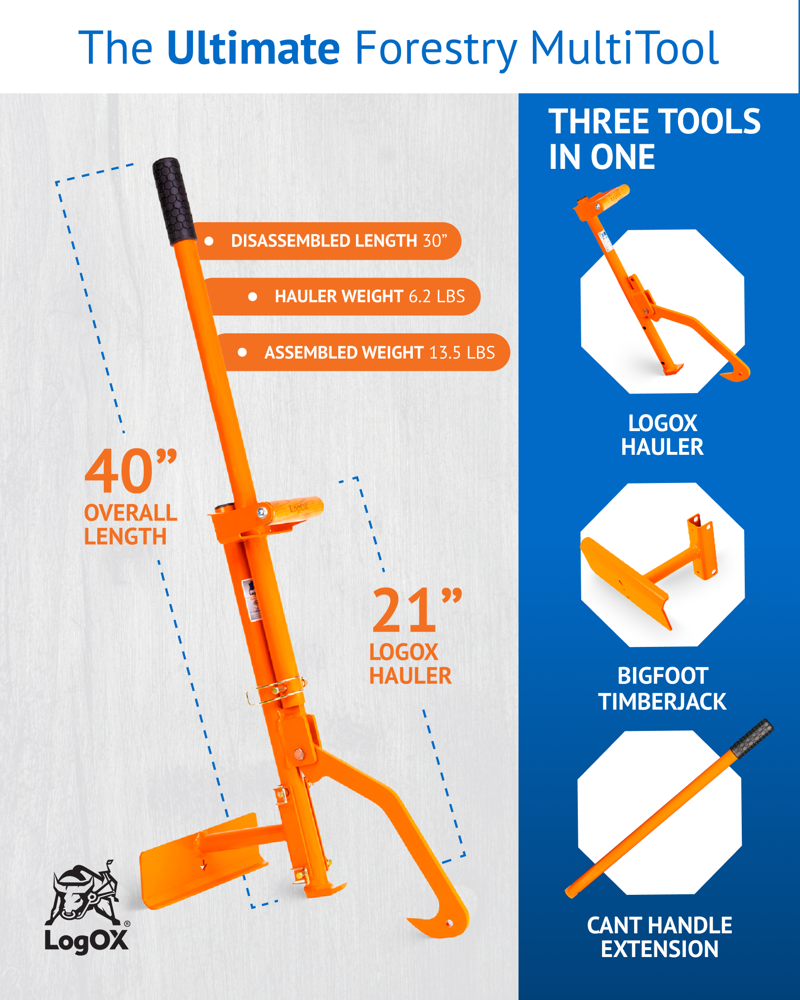 LogOX 3-in-1 Forestry MultiTool: log hauler, cant hook, and