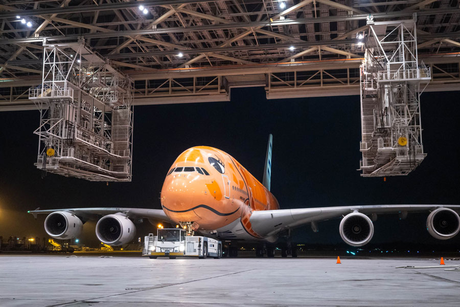 ANA、エアバスA380型機「フライングホヌ」3号機の洗浄を実施 厦門で