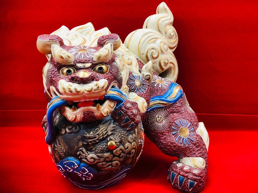 九谷焼 打ち出小槌唐獅子 狛犬 色絵金彩 縁起物 厄除 退魔 置物 高さ