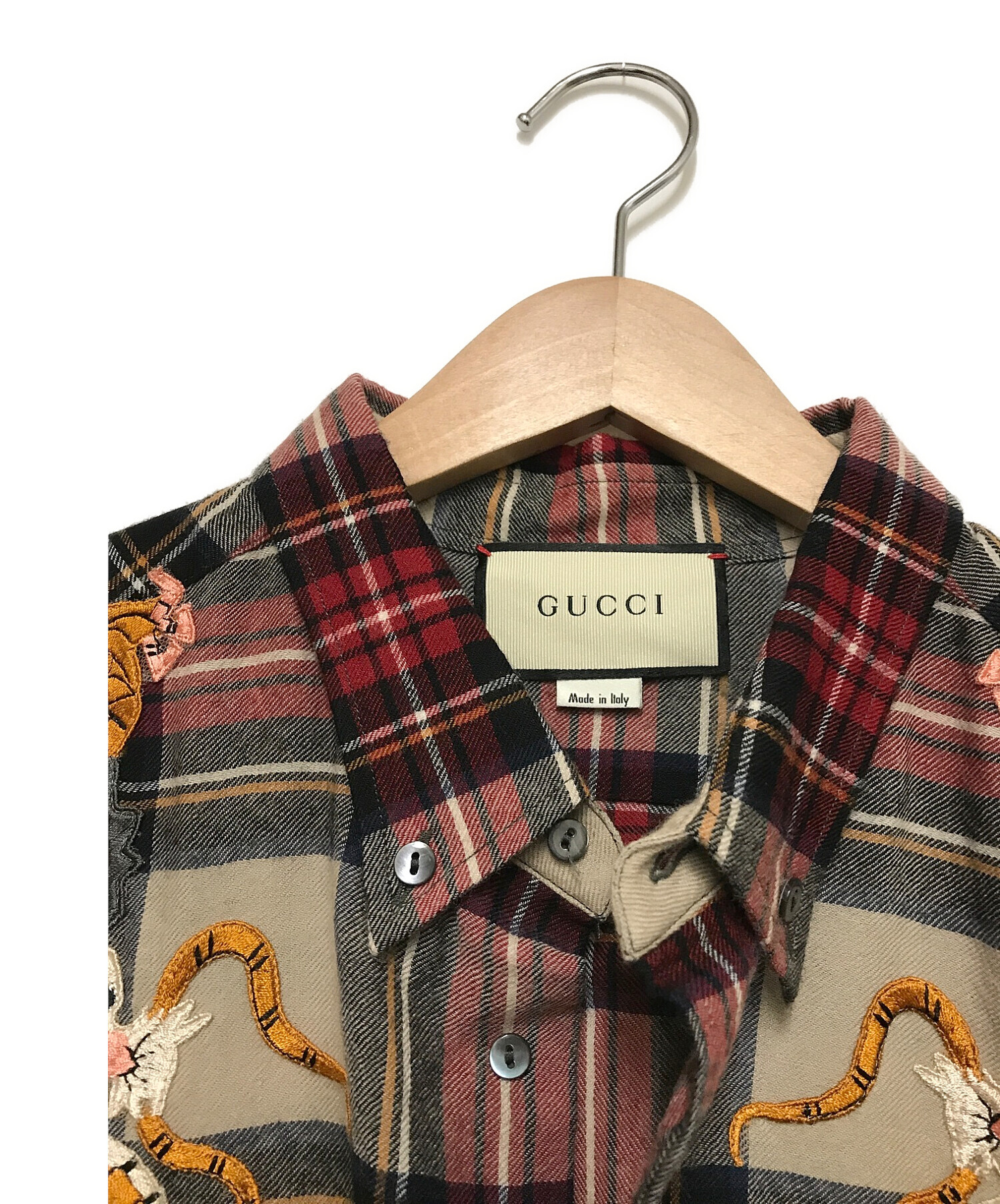 中古・古着通販】GUCCI (グッチ) ドラゴン刺繍チェックシャツ レッド