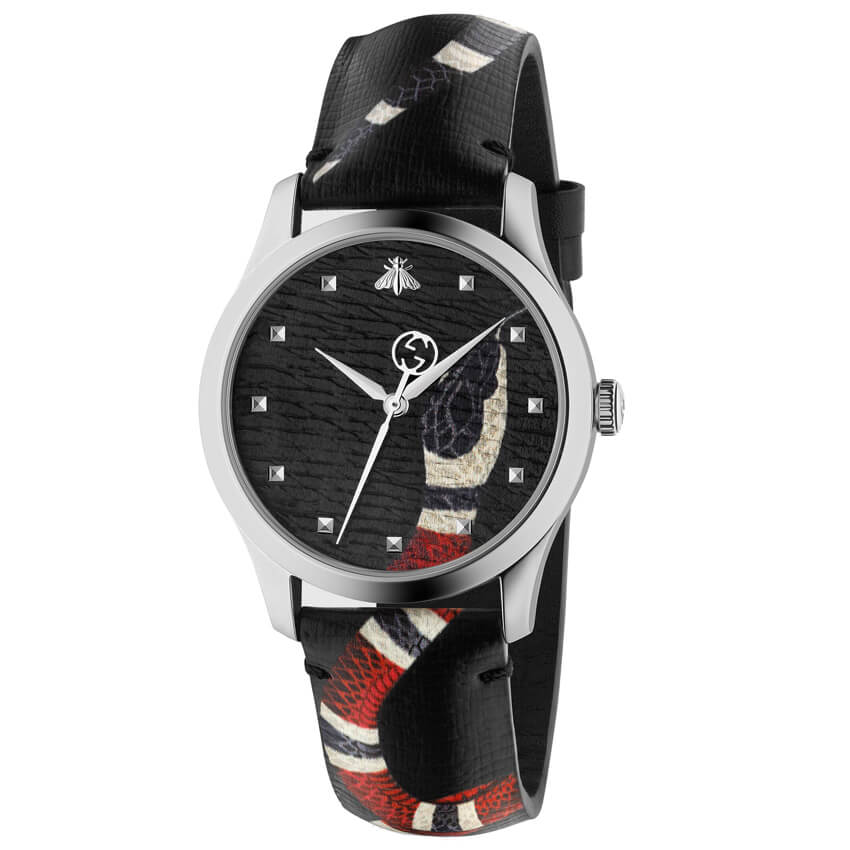 Gucci G-Timeless 38mm Printed Snake Dial Black Leather Strap Watch YA1