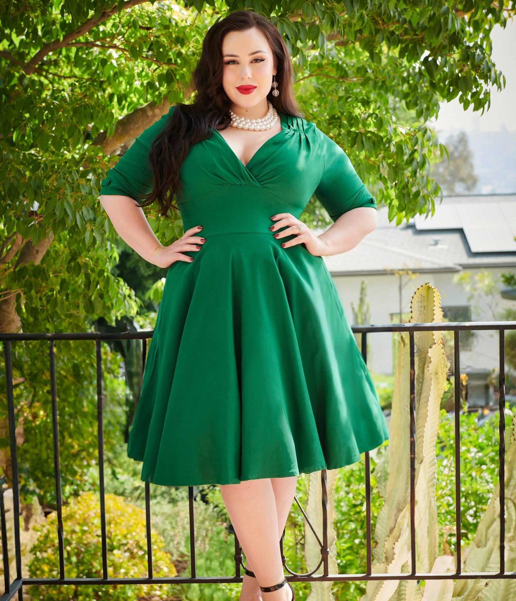 Unique Vintage Plus Size Emerald Green Delores Swing Dress with Sleeve