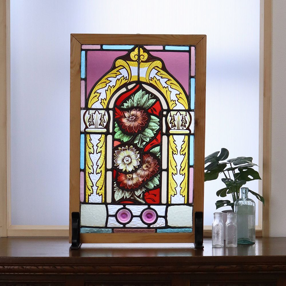 英国アンティークステンドグラス窓枠⁄ガラスウィンドウ⁄建具(84-212-6