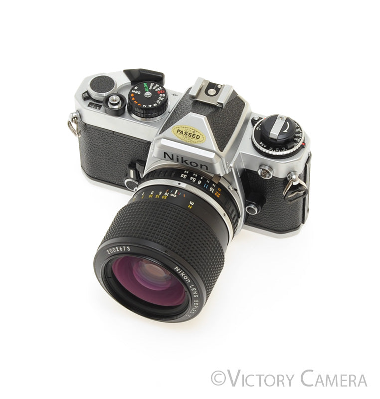 Nikon FE Chrome 35mm Film Camera w/ 36-72mm Lens -New Seals- [EXC]