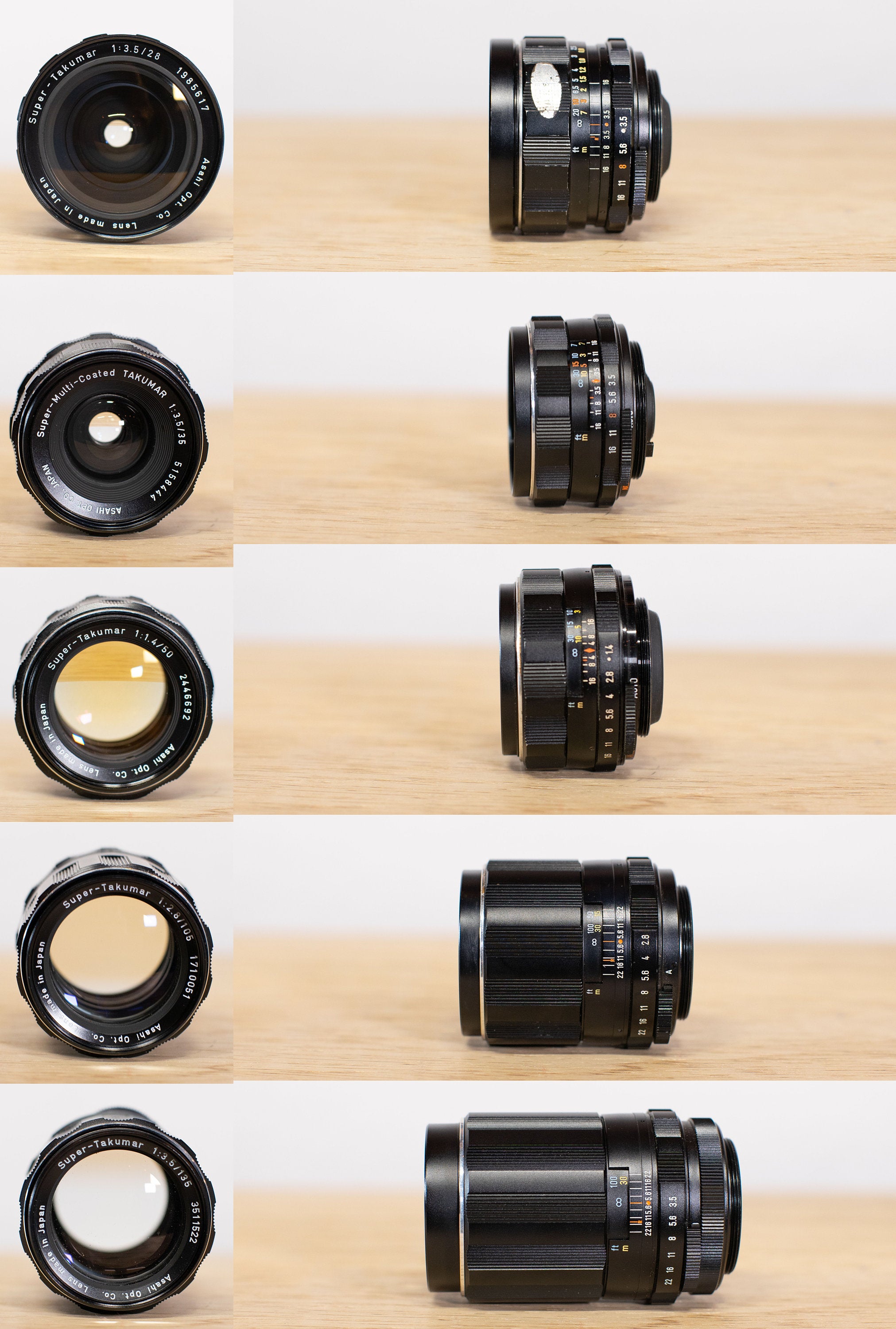 Super Takumar M42 Lens Set - 28mm, 35mm, 50mm, 105mm, and 135mm