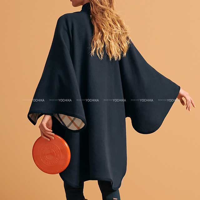 HERMES エルメス ポンチョ リバーシブル ボタン付 カマイユ ネイビー