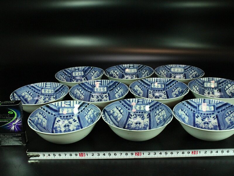 SOLD OUT 中国美術 青花 古染付 百子堂図 碗 十件 揃 清代(XA674
