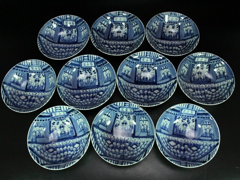 SOLD OUT 中国美術 青花 古染付 百子堂図 碗 十件 揃 清代(XA674