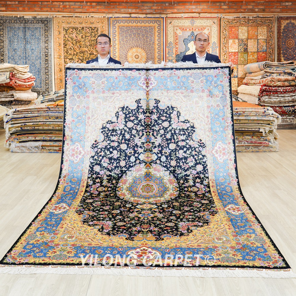 Persian Handmade Rug Dark Blue Silk Oriental Carpet 6x9ft - Yilong