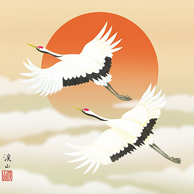 鶴亀の掛け軸 伊藤渓山作 旭日飛翔