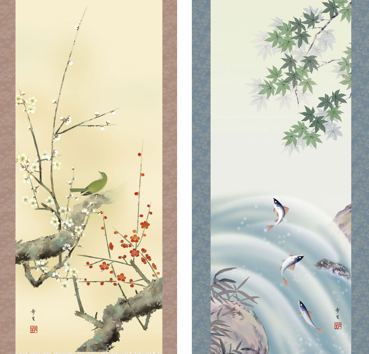 花鳥の掛け軸 北山歩生作 四季競艶 お得な4本セット